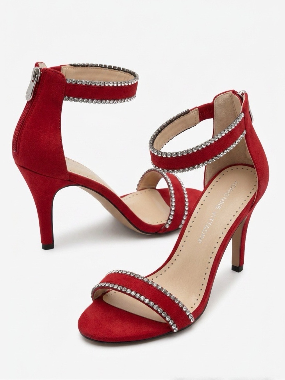 Adrienne Vittadini Red Faux Suede Rhinestone Ankle Strap Heels - Size 9M